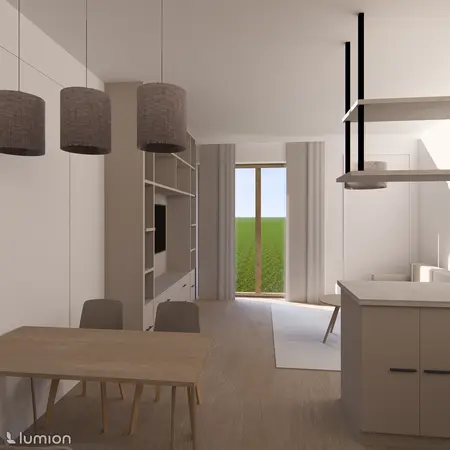 Wnętrze jadalni minimalistycznej z drewnianym stołem, szarymi lampami i dużym oknem.