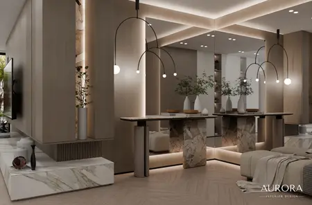 Wnętrze w stylu minimaluxe z nowoczesnymi meblami, oświetleniem i dekoracjami w quiet luxury.
