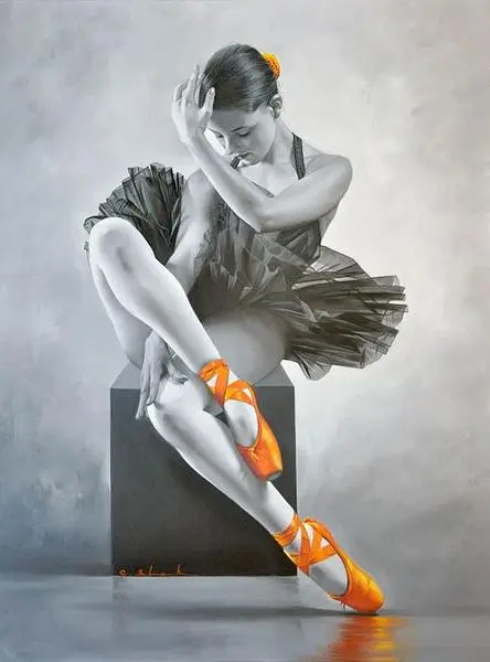 Baletnica w czarnej spódnicy na tle szaro-białym, styl art deco i glamour.