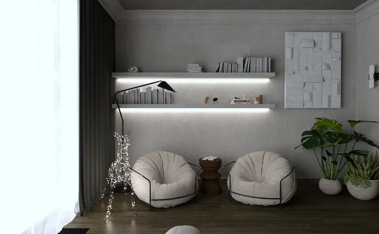 Wnętrze salonu w stylu industrialnym z minimalistycznymi meblami.