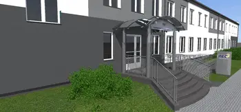 Budynek z wejściem w stylu industrialnym i minimalistycznym, z szarym tłem.