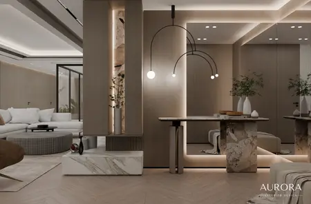 Salon w stylu minimaluxe z miękkim minimalizmem i elementami quiet luxury.