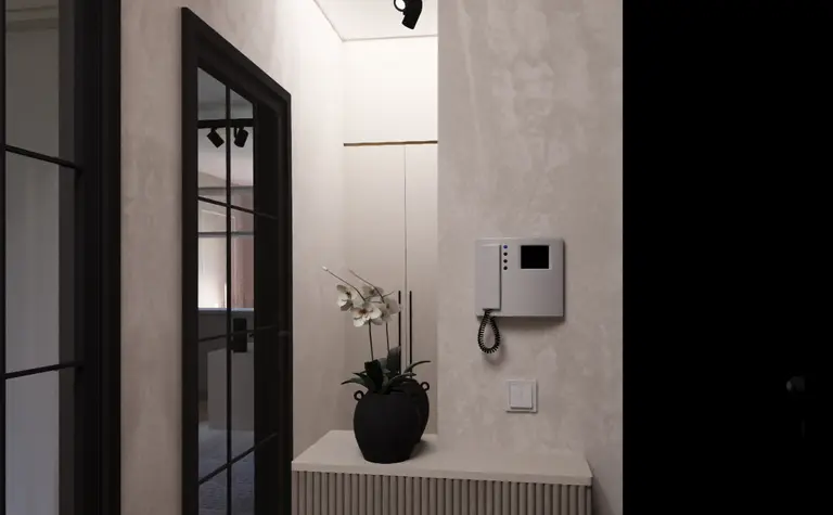 Przedpokój z minimalistycznym designem, współczesnym oświetleniem i rośliną