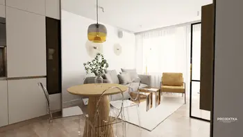 Wnętrze salonu w stylu boho i skandynawskim z drewnianym stołem.