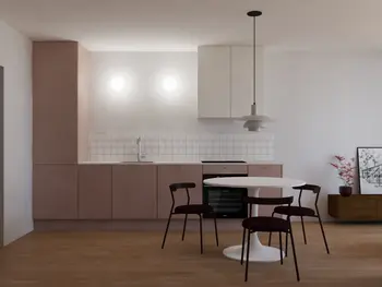 Minimalistyczna kuchnia w stylu skandynawskim z różowymi meblami i białymi akcentami.
