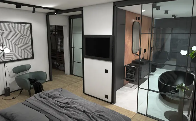 Wnętrze sypialni z minimalistycznym designem, szarym łóżkiem i czarnymi detalami.