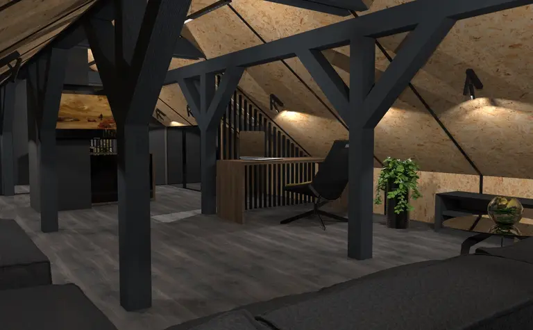 Wnętrze poddasza z industrialnym i minimalistycznym designem, biurkiem i rośliną.