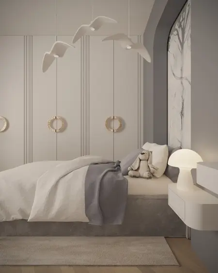 Wnętrze sypialni z minimalistycznym designem, szarymi ścianami i nowoczesnymi lampami.