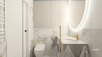 Nowoczesna łazienka w stylu boho i skandynawskim z dużym lustrem.