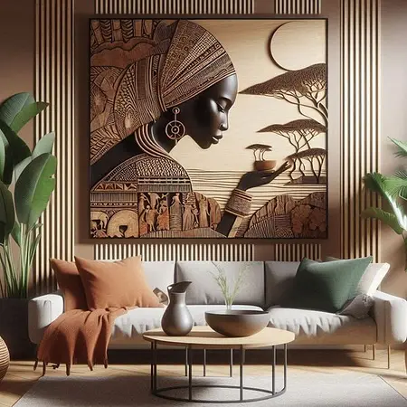Wnętrze salonu z obrazem w stylu art deco, roślinami i nowoczesnymi meblami.