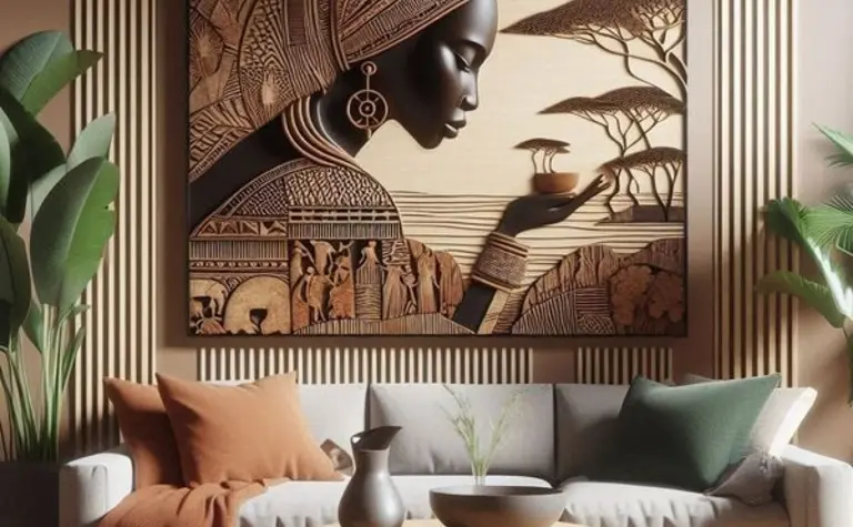 Wnętrze salonu z obrazem w stylu art deco, roślinami i nowoczesnymi meblami.
