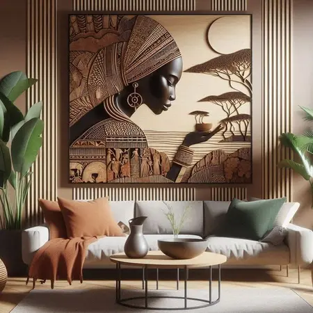 Wnętrze salonu z obrazem w stylu art deco, roślinami i nowoczesnymi meblami.