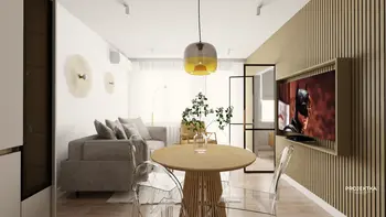 Wnętrze salonu w stylu boho i skandynawskim z jasnym oświetleniem.