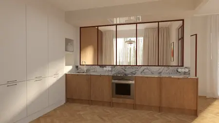 Kuchnia w stylu minimalistycznym z drewnianymi meblami i marmurowym blatem, soft minimalizm, vintage.