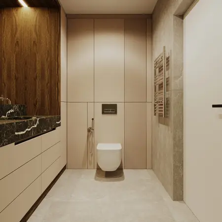 Nowoczesna łazienka z minimalistycznym designem, drewnianymi akcentami i eleganckim wykończeniem.