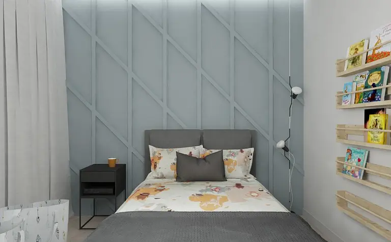 Sypialnia w stylu boho z szarym łóżkiem, zieloną ścianą, rustykalnymi akcentami.