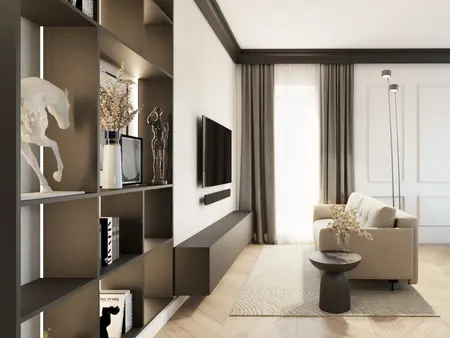 Wnętrze salonu glamour z beżową sofą i nowoczesnym oświetleniem.