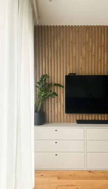 Minimalistyczny salon z drewnianą ścianą, telewizorem i rośliną.