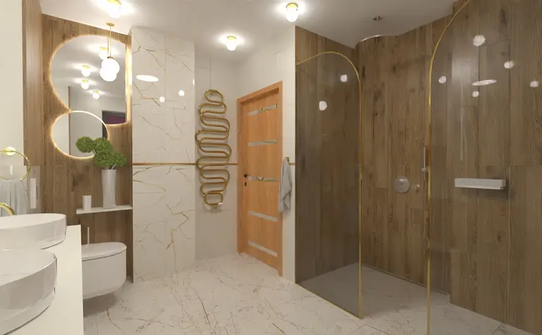 Nowoczesna łazienka z drewnianymi i złotymi detalami, styl glamour, quiet luxury, współczesny.