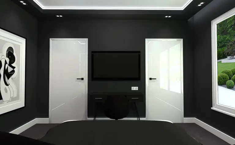 Wnętrze sypialni z minimalistycznym designem, nowoczesnymi meblami i elementami quiet luxury.