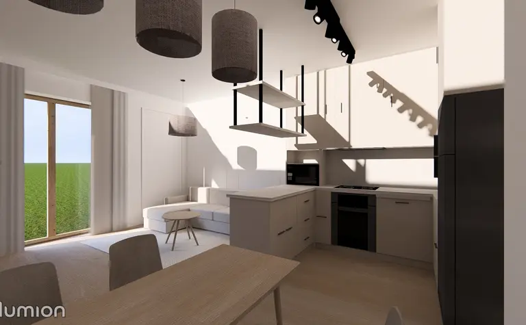 Wnętrze kuchni z minimalistycznym, współczesnym designem, jasnymi meblami i drewnianymi akcentami.