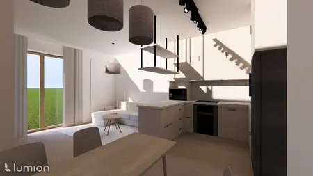 Wnętrze kuchni z minimalistycznym, współczesnym designem, jasnymi meblami i drewnianymi akcentami.