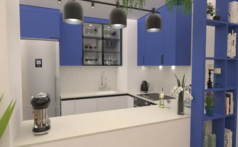 Kuchnia z niebieskimi meblami, białym blatem i akcentami w stylu dopamine decor, soft minimalizm, tradycyjny.