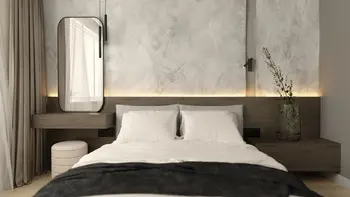 Sypialnia w stylu japandi, minimalistycznym i nowoczesnym z szarymi ścianami i drewnianymi detalami