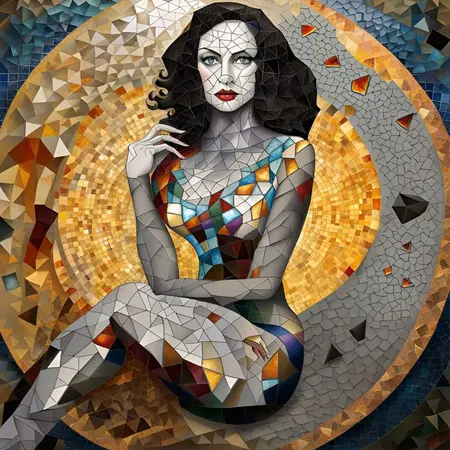 Mozaikowy obrazek przedstawiający kobiecą postać w stylu art deco, glamour i eklektycznym.