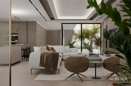 Nowoczesny salon z białą sofą, drewnianymi detalami i roślinami, styl minimaluxe.