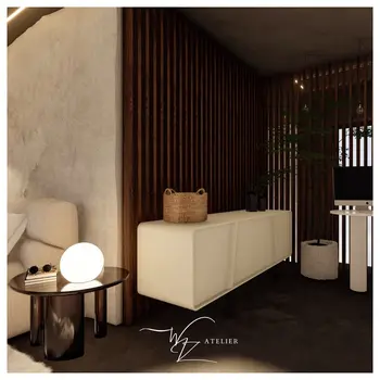 Wnętrze salonu w stylu glamour, industrialnym i japandi z jasnymi meblami i drewnianymi detalami.