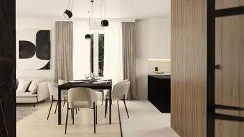 Wnętrze jadalni w stylu japandi, minimalistycznym, nowoczesnym, współczesnym.