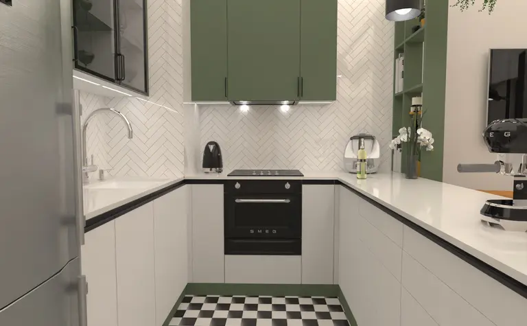 Kuchnia w stylu dopamine decor, soft minimalizm, tradycyjny z zielonymi szafkami.