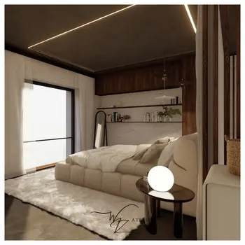 Wnętrze sypialni z elementami glamour i industrialnymi, nowoczesny projekt