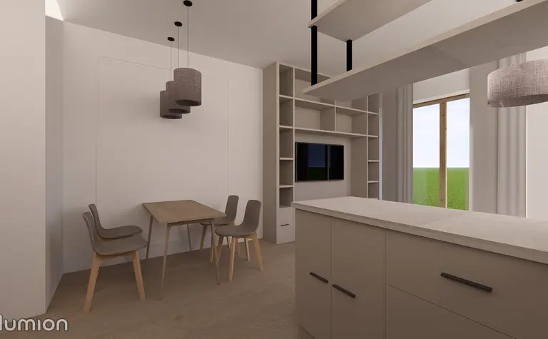 Minimalistyczna jadalnia z drewnianym stołem, szarymi krzesłami i nowoczesnymi lampami.
