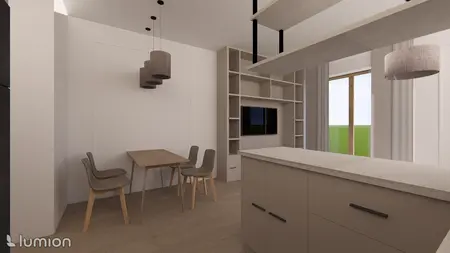 Minimalistyczna jadalnia z drewnianym stołem, szarymi krzesłami i nowoczesnymi lampami.