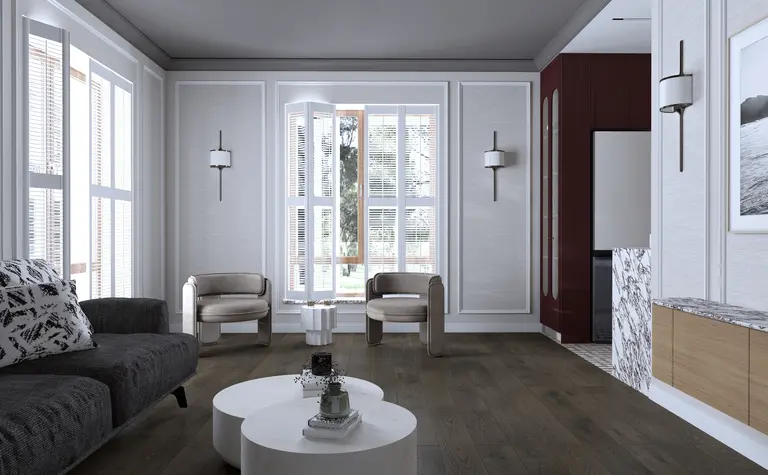 Wnętrze salonu z jasnymi ścianami, ciemną podłogą, meblami w stylu quiet luxury, tradycyjnym i współczesnym.