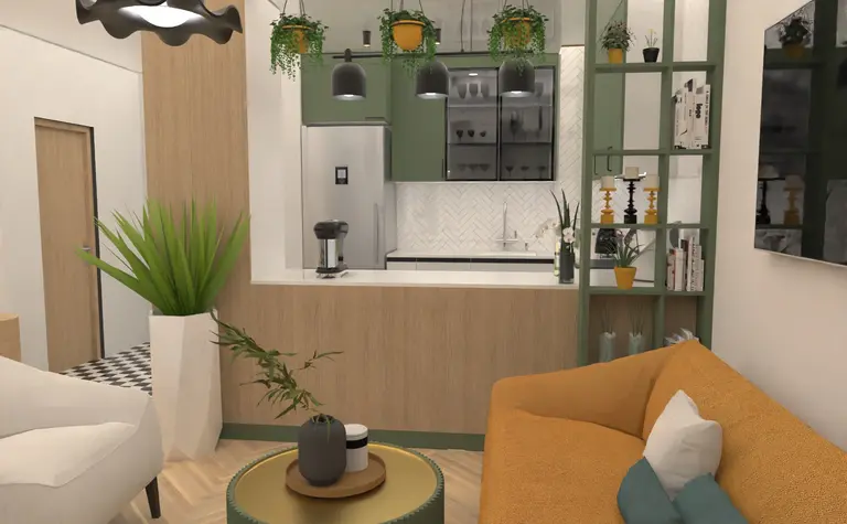 Wnętrze kuchni w stylu dopamine decor z elementami soft minimalizmu i tradycyjnymi akcentami.