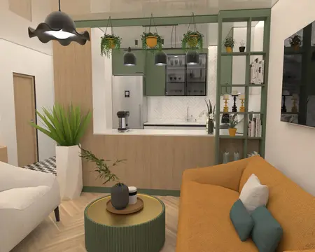 Wnętrze kuchni w stylu dopamine decor z elementami soft minimalizmu i tradycyjnymi akcentami.