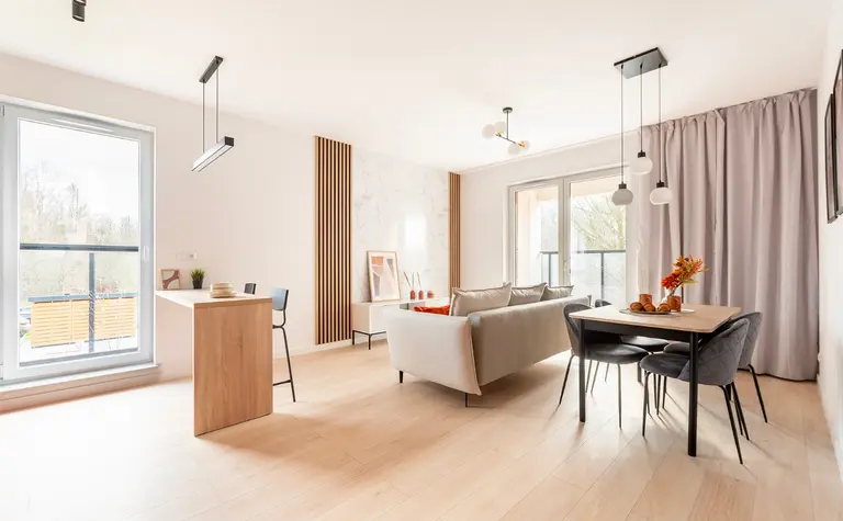 Wnętrze salonu w stylu minimaluxe z nowoczesnym umeblowaniem, soft minimalizm i współczesnym designem.