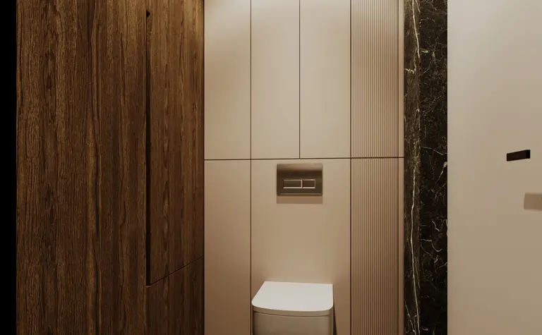 Minimalistyczna toaleta z drewnianą ścianą i nowoczesnymi akcentami.