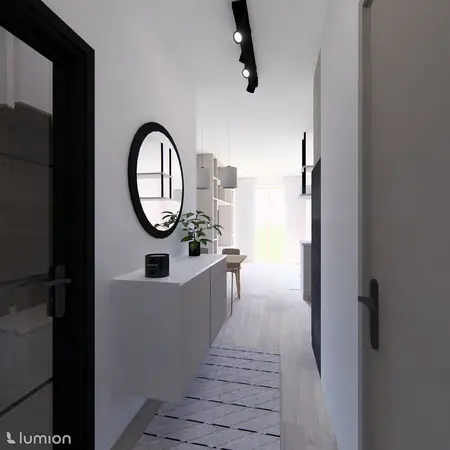 Przedpokój w stylu minimalistycznym z białymi meblami i czarnymi detalami.