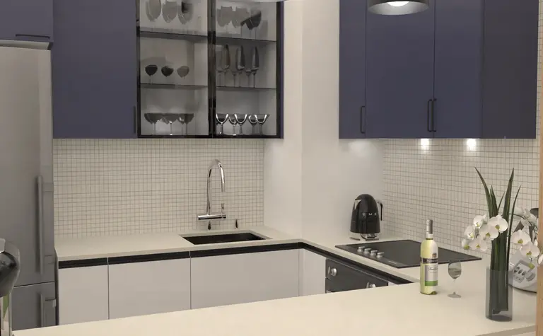 Kuchnia w stylu dopamine decor i soft minimalizm z granatowymi meblami