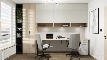 Wnętrze gabinetu z minimalistycznym biurkiem i nowoczesnymi akcentami.