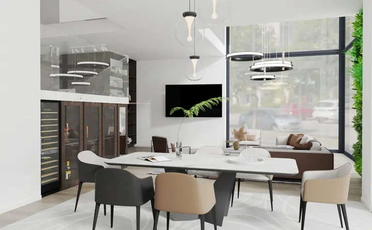 Wnętrze nowoczesnej jadalni z białym stołem i czarnymi krzesłami, współczesny design.