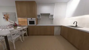 Kuchnia w stylu minimalistycznym z drewnianymi meblami i nowoczesnym wyposażeniem.