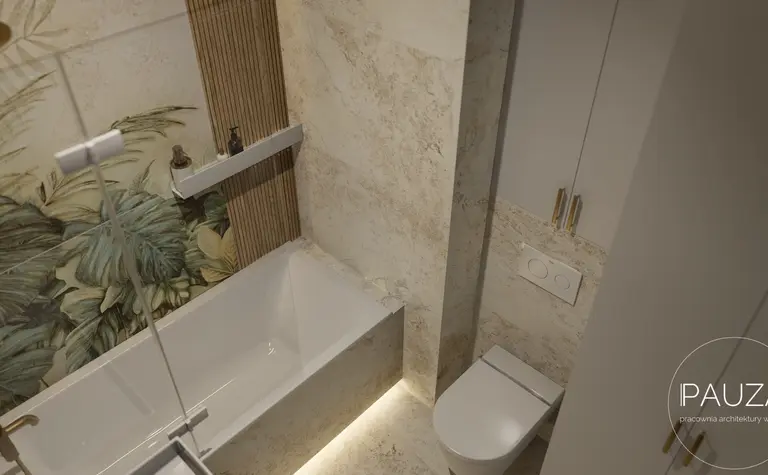 Nowoczesna łazienka z wanną, roślinnymi wzorami i drewnianymi detalami w stylu japandi.