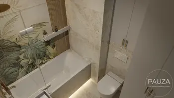 Nowoczesna łazienka z wanną, roślinnymi wzorami i drewnianymi detalami w stylu japandi.