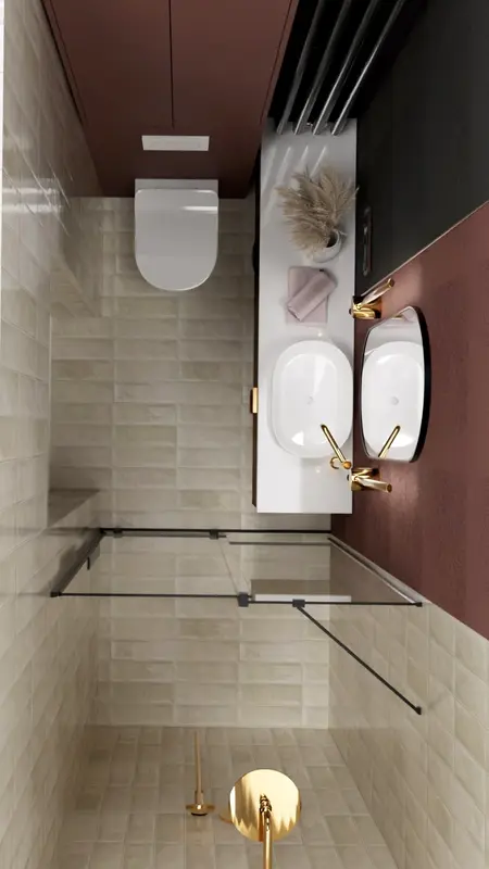 Wnętrze łazienki w stylu art deco i glamour z nowoczesnymi elementami.