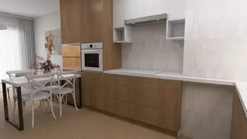 Kuchnia w stylu minimalistycznym z drewnianymi meblami i białym blatem.